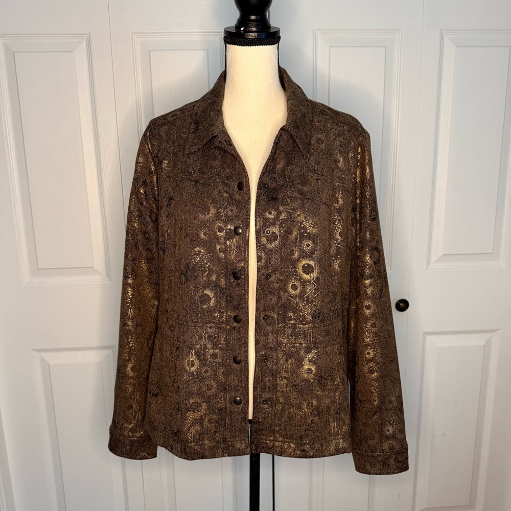 Coldwater Creek Dressy Gold & Bronze Abstract Print‎ Jacket Blazer Size 14